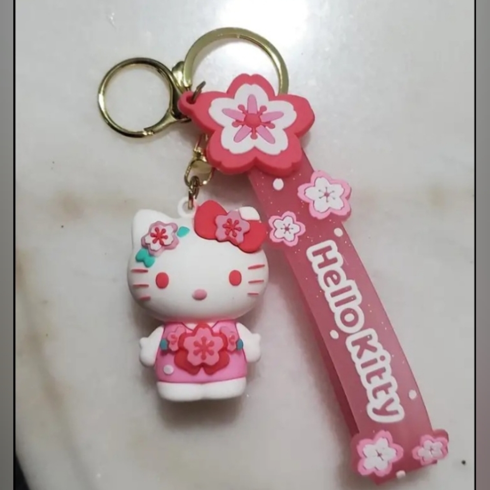 Pink and White Hello Kitty Key & Card Holder with Floral Design